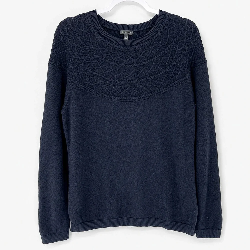 Talbots Black Cotton Cashmere Blend Cable Knit Yoke Crewneck Sweater Womens L